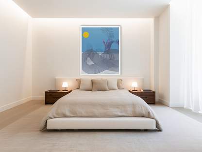 Yellow sun over striped hills room view