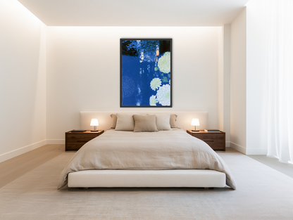 White blooms on blue canal room view