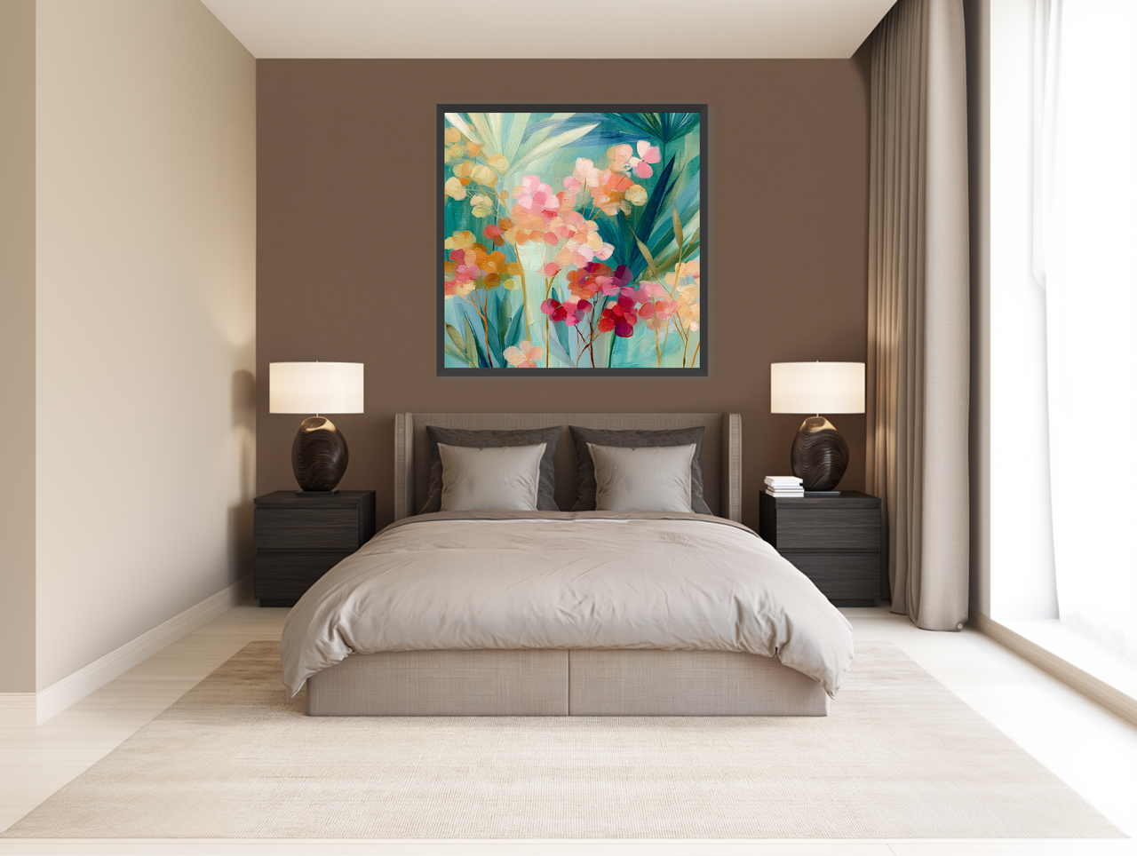 Flowers among teal leaves room view