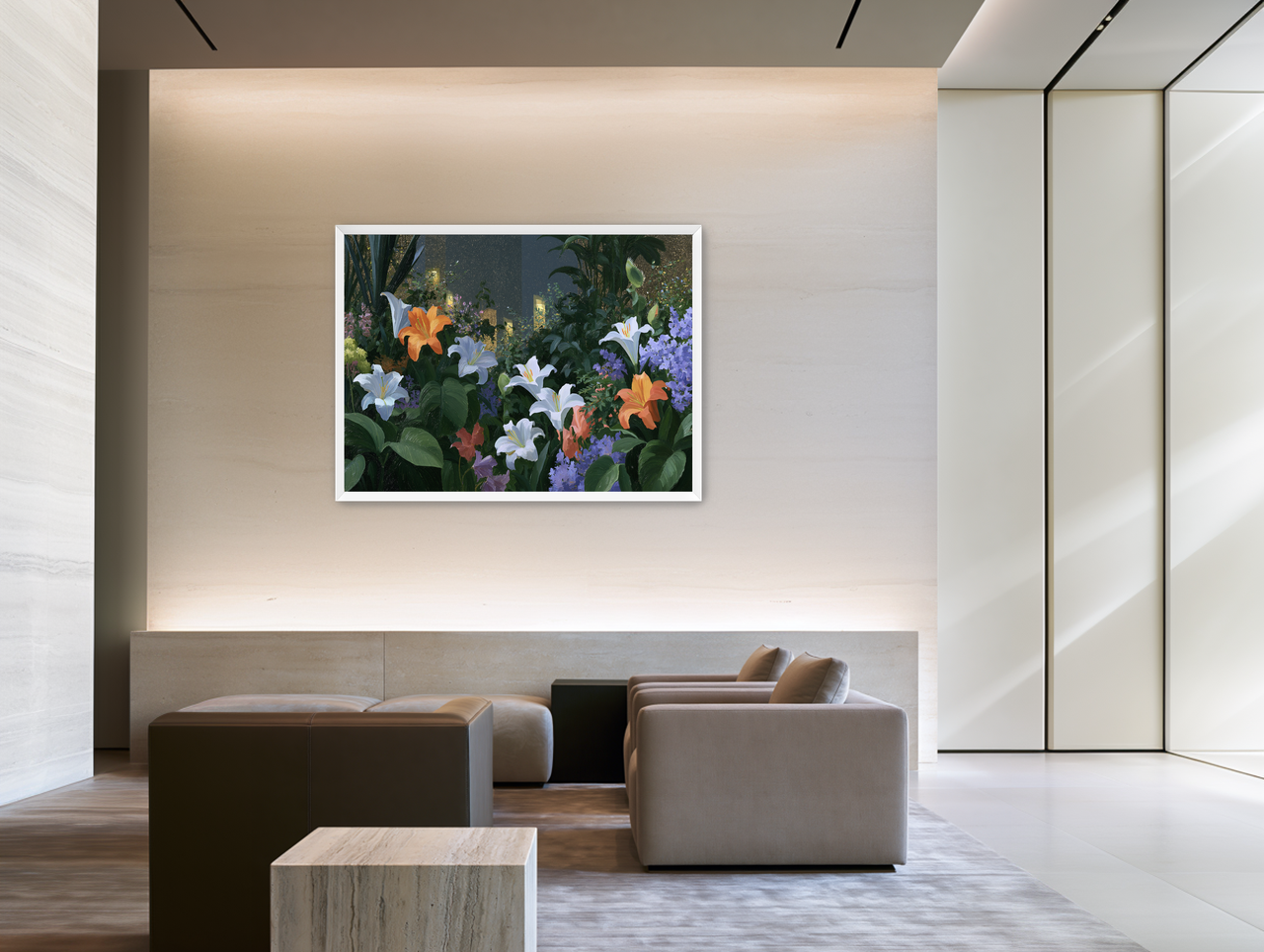Lit windows beyond the lilies room view