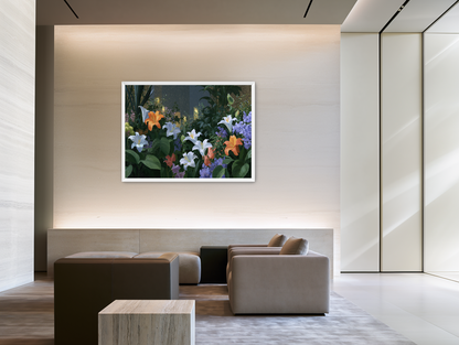 Lit windows beyond the lilies room view