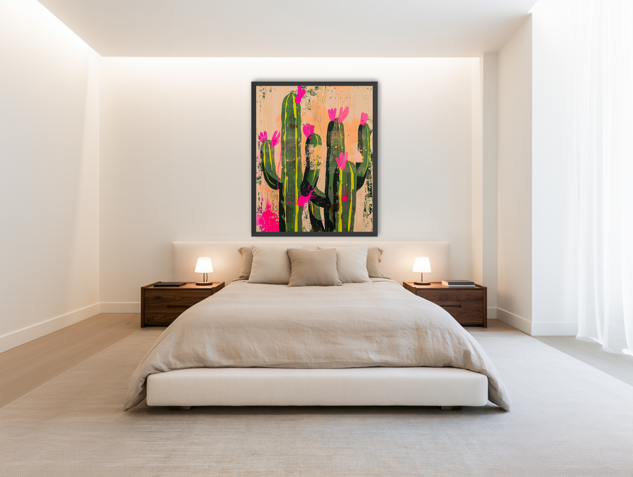 Pink blooms on cacti room view