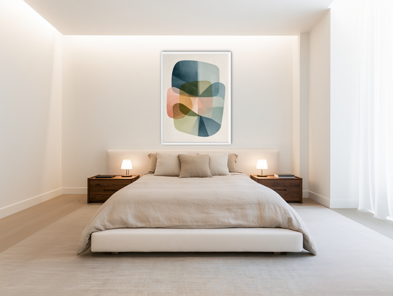 Muted blues folding through peach room view