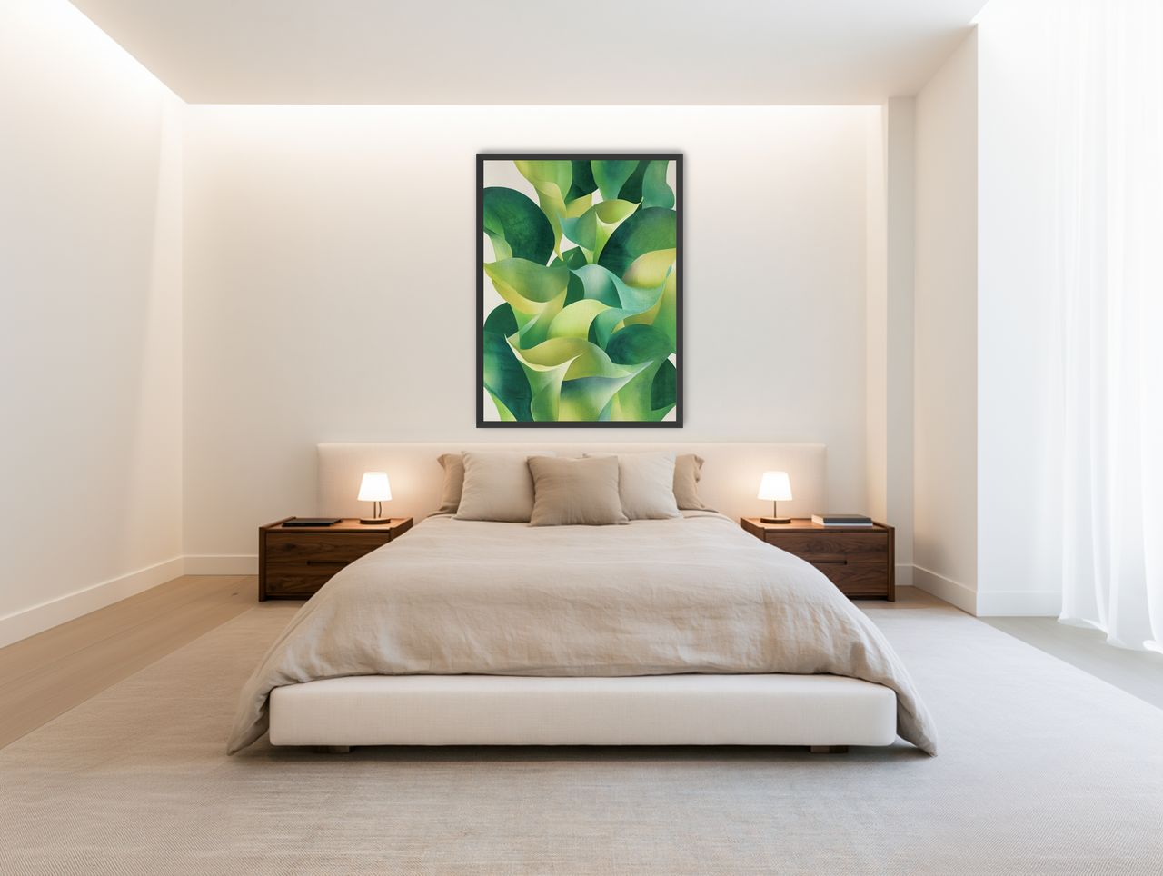 Overlapping curled green leaves room view
