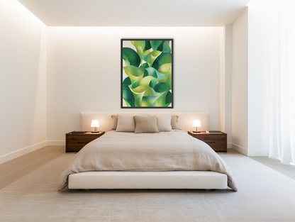 Overlapping curled green leaves room view