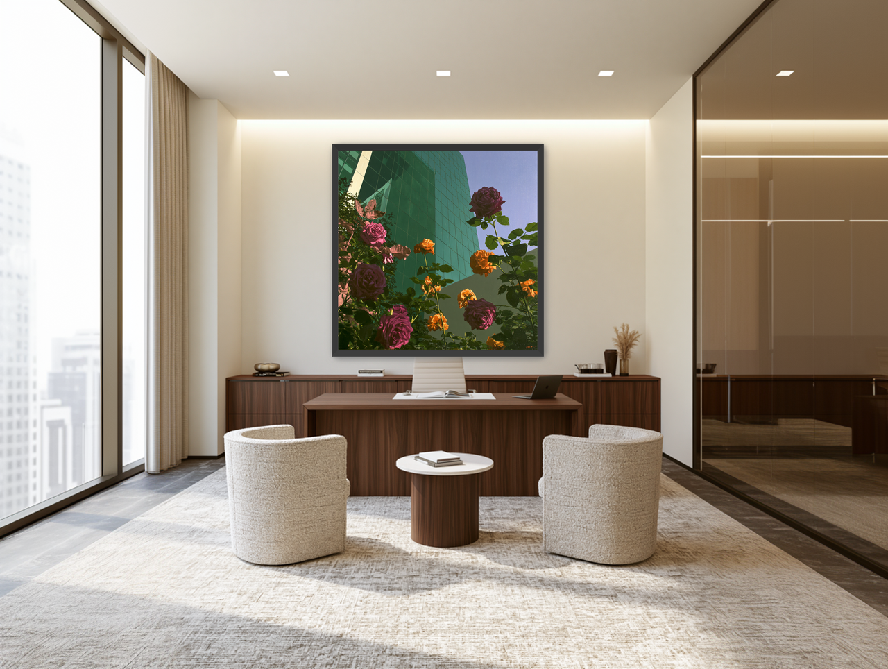 Roses climbing the glass wall room view