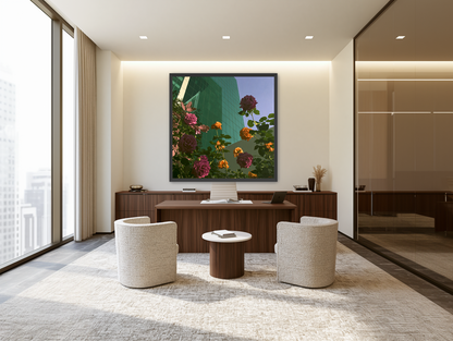 Roses climbing the glass wall room view