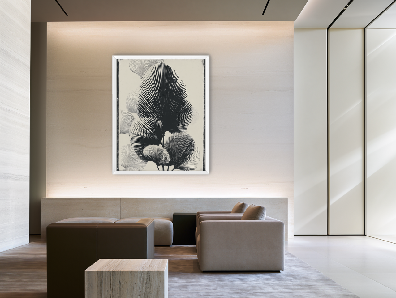 Fan fronds in ink shadow room view