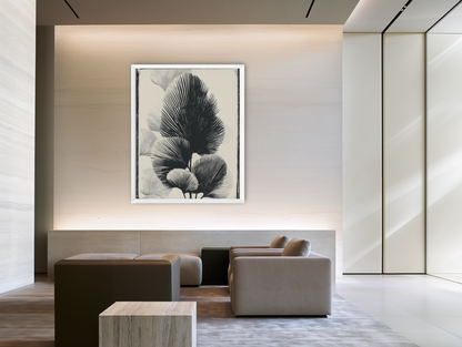 Fan fronds in ink shadow room view