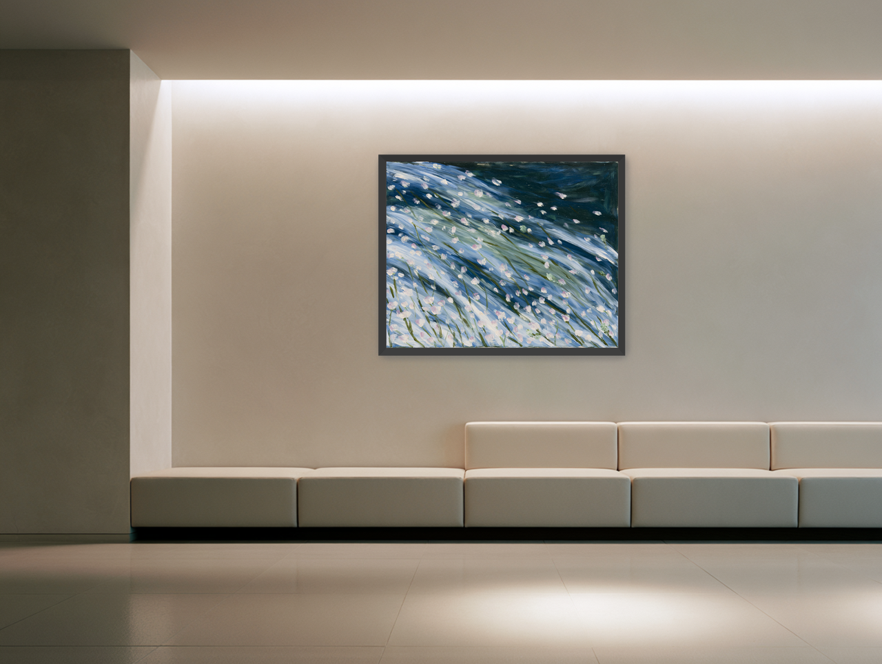 Flowers in a blue rush room view