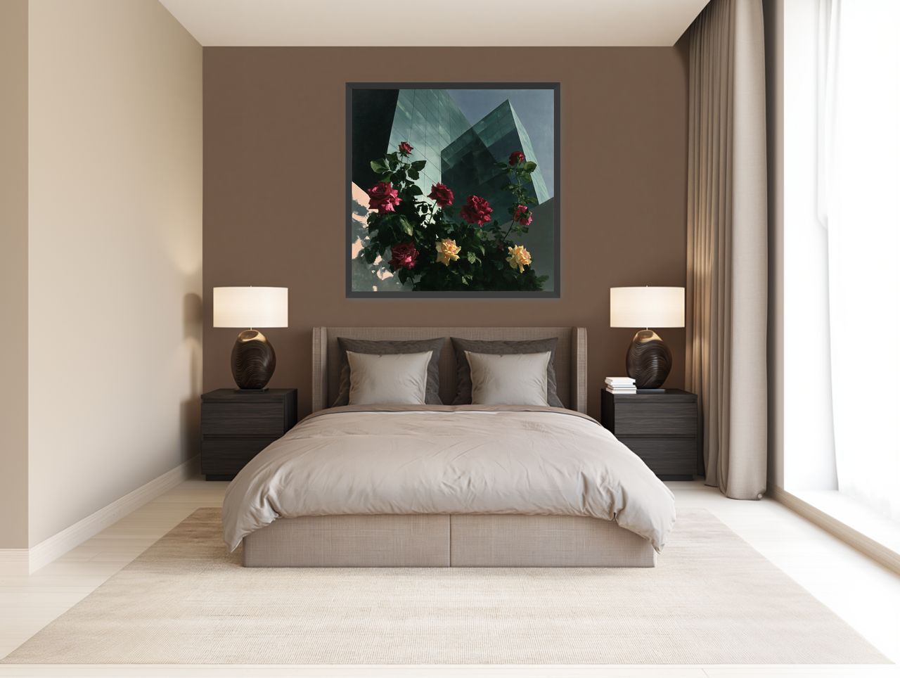 Roses against glass towers room view