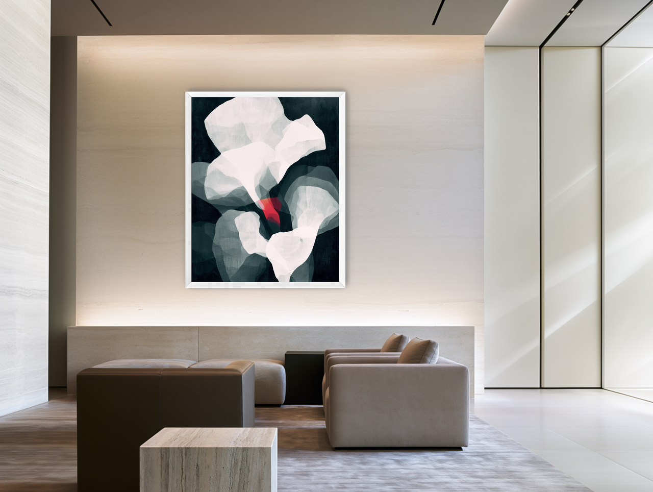 Red wedge among pale layers room view
