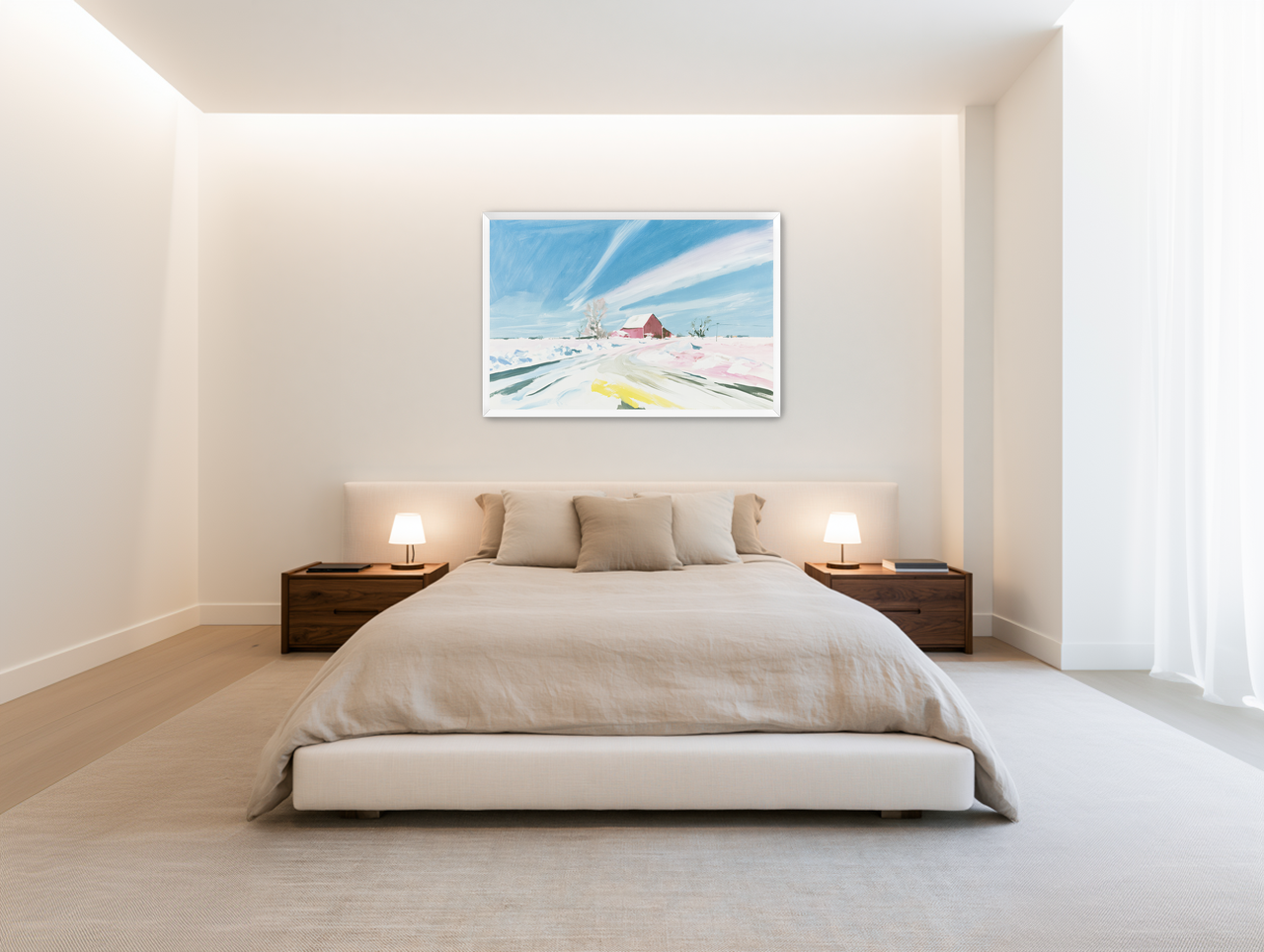 White sky over red barn room view