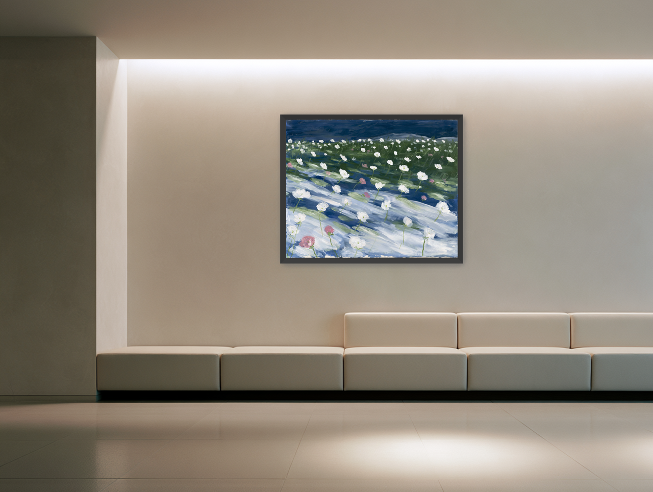 White flowers in wind streaks room view