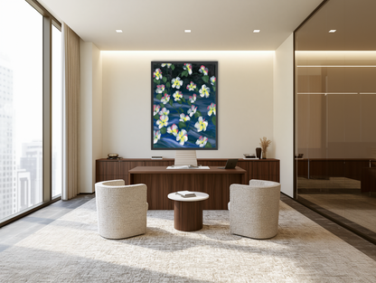 White flowers across deep blue room view