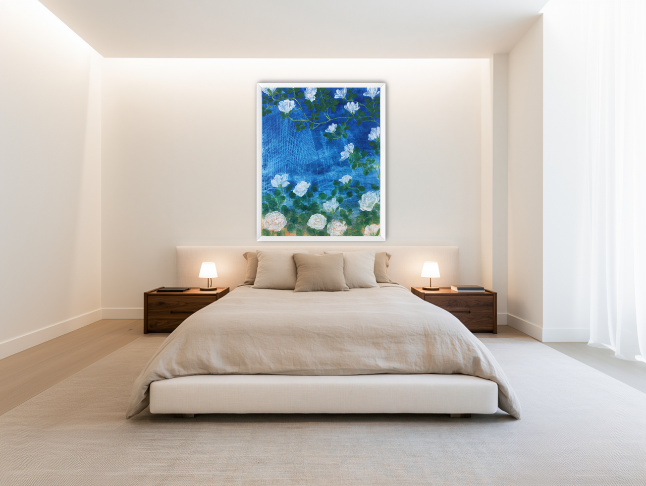 White blossoms on cobalt blue room view