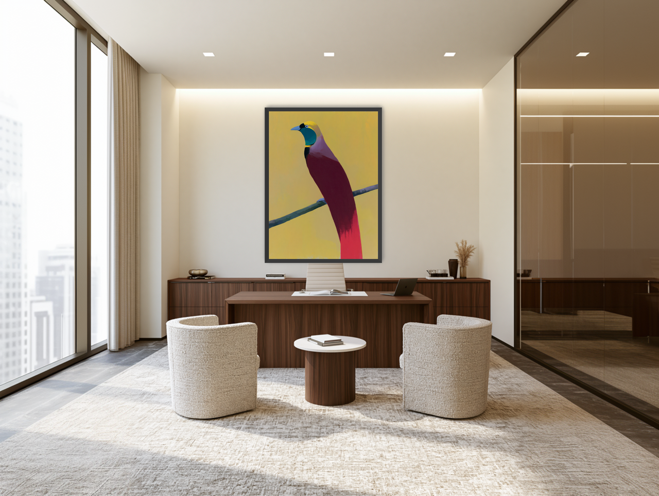 A bright bird on yellow room view
