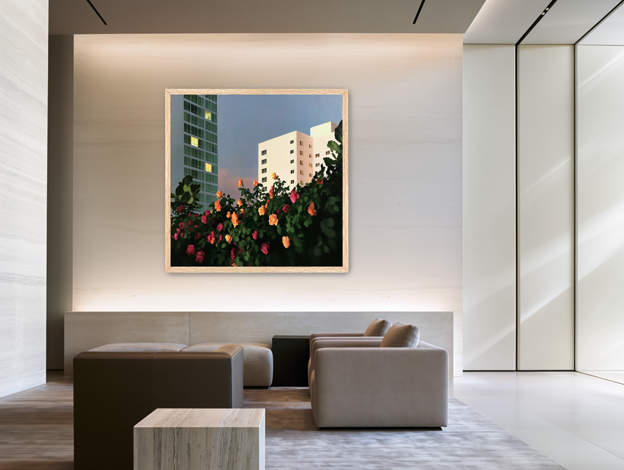 Roses below lit windows room view