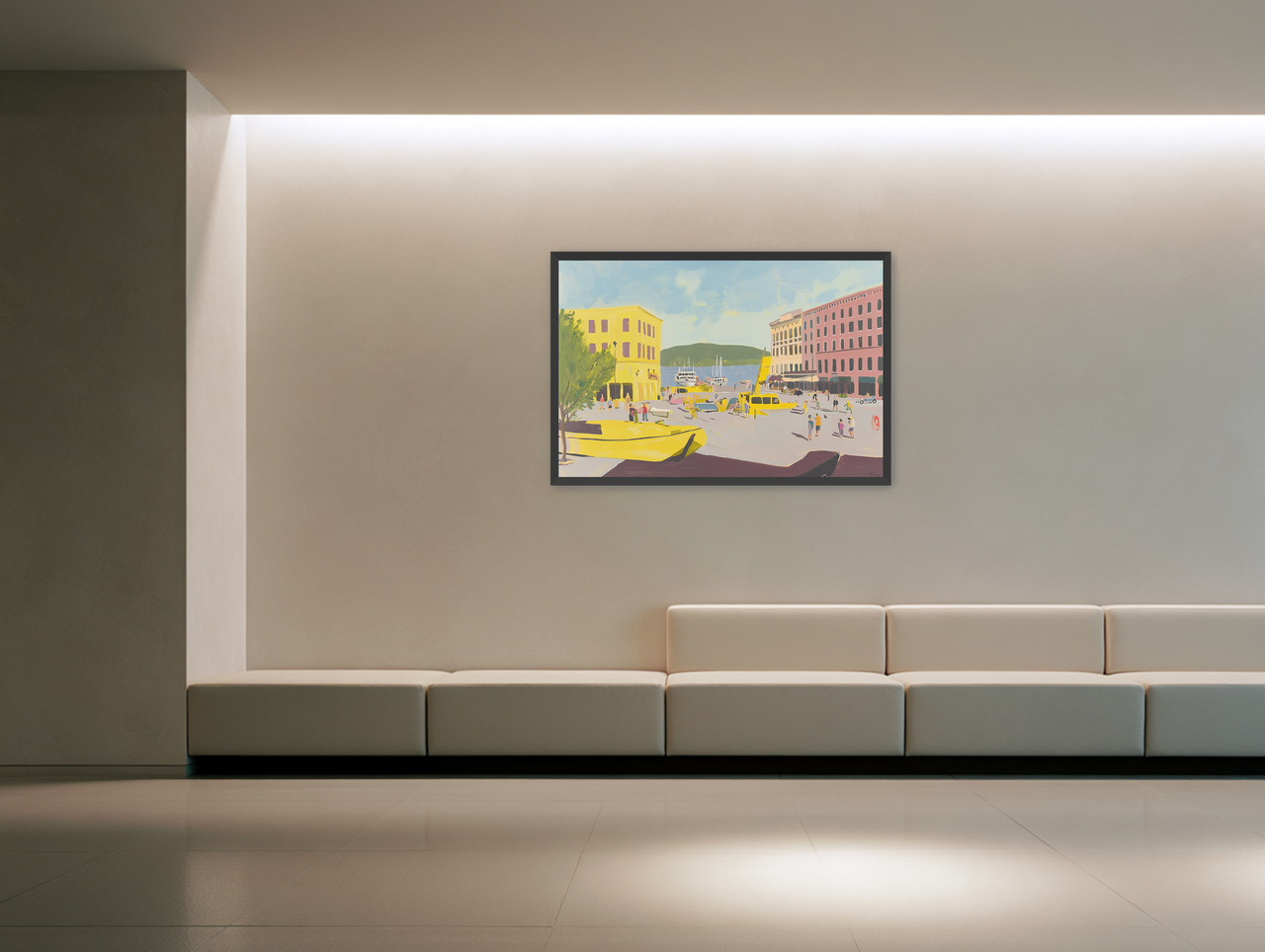 Yellow boats among pastel buildings room view