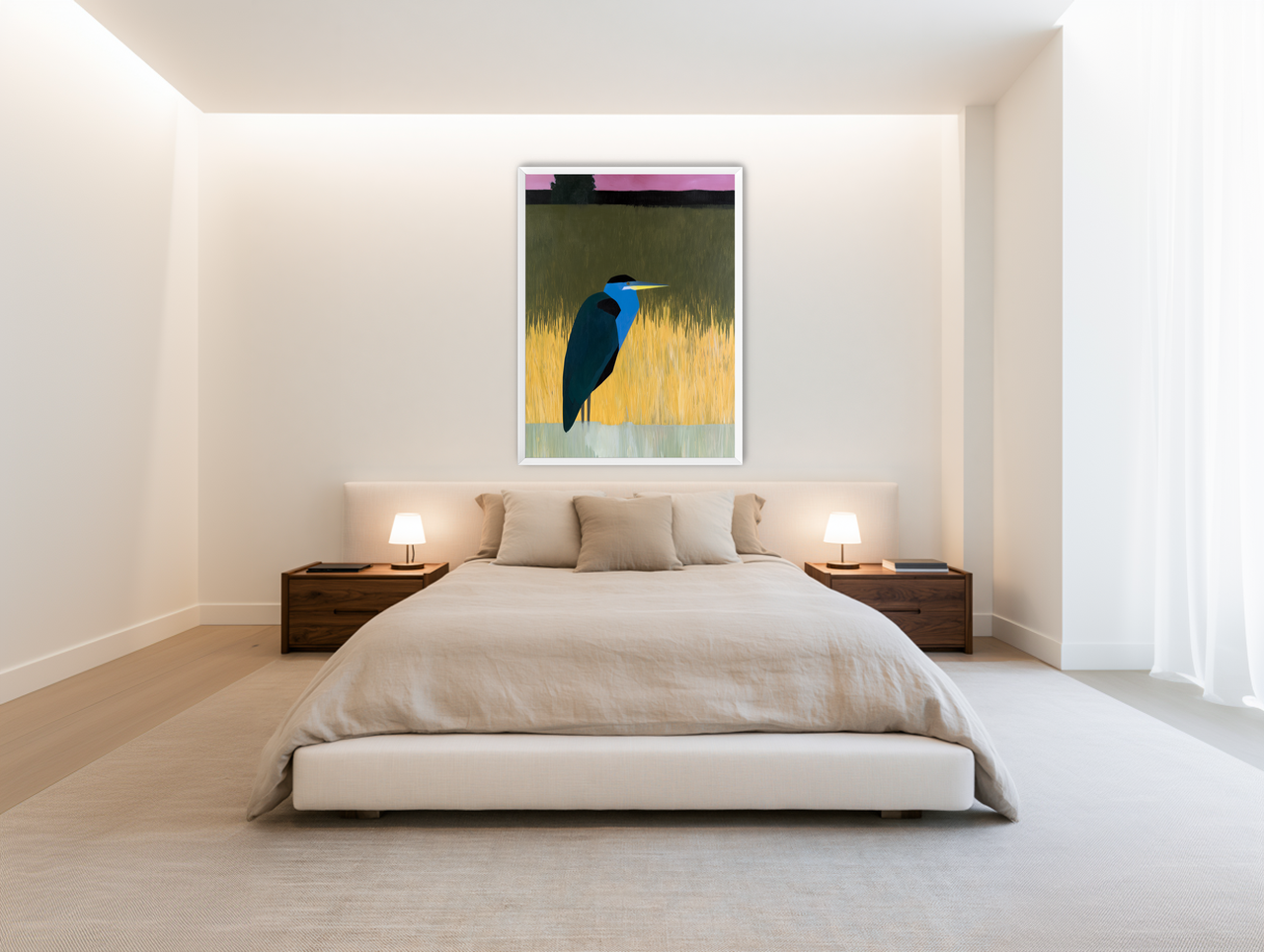 Blue bird in yellow grass room view