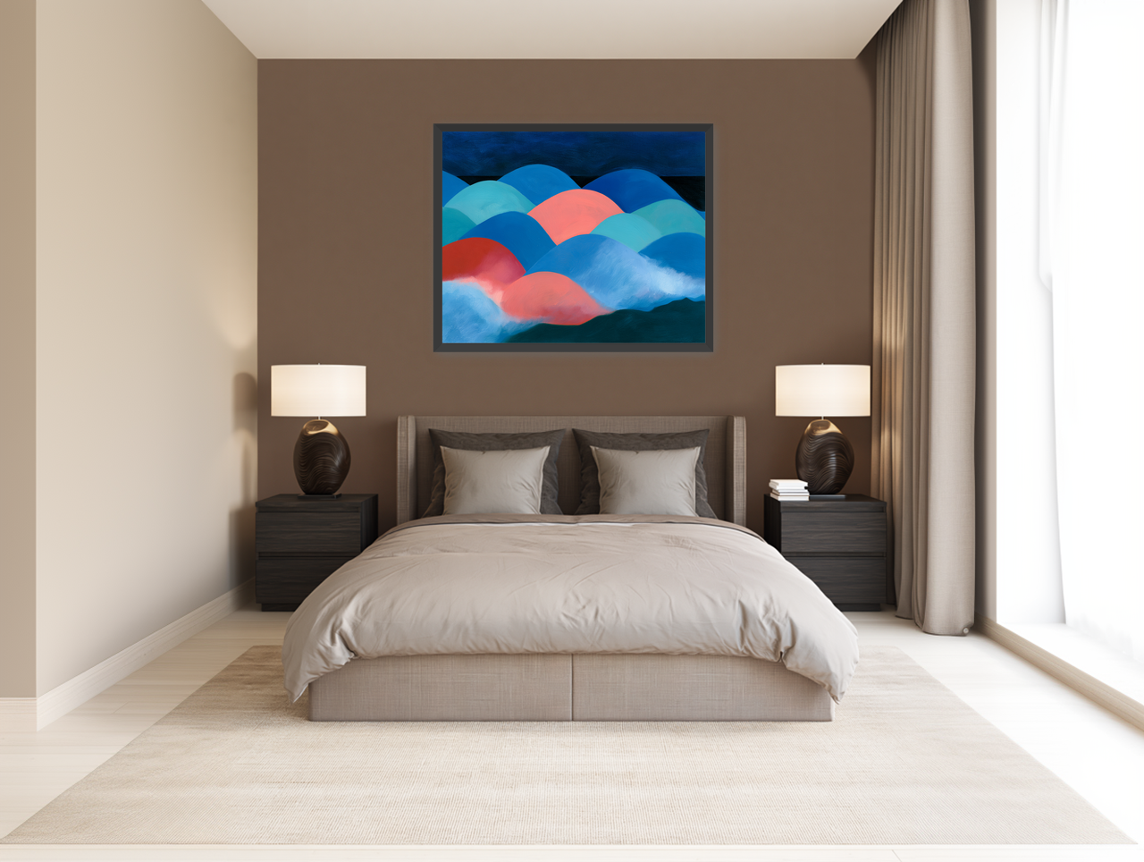 Pink moon among blue hills room view