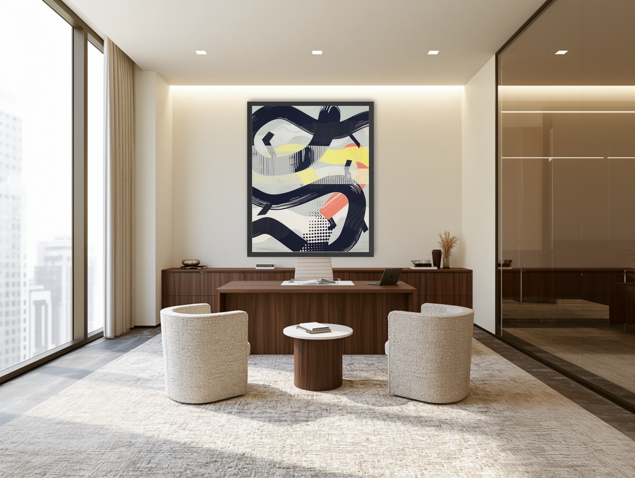 Black loops over yellow blocks room view