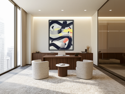 Black loops over yellow blocks room view