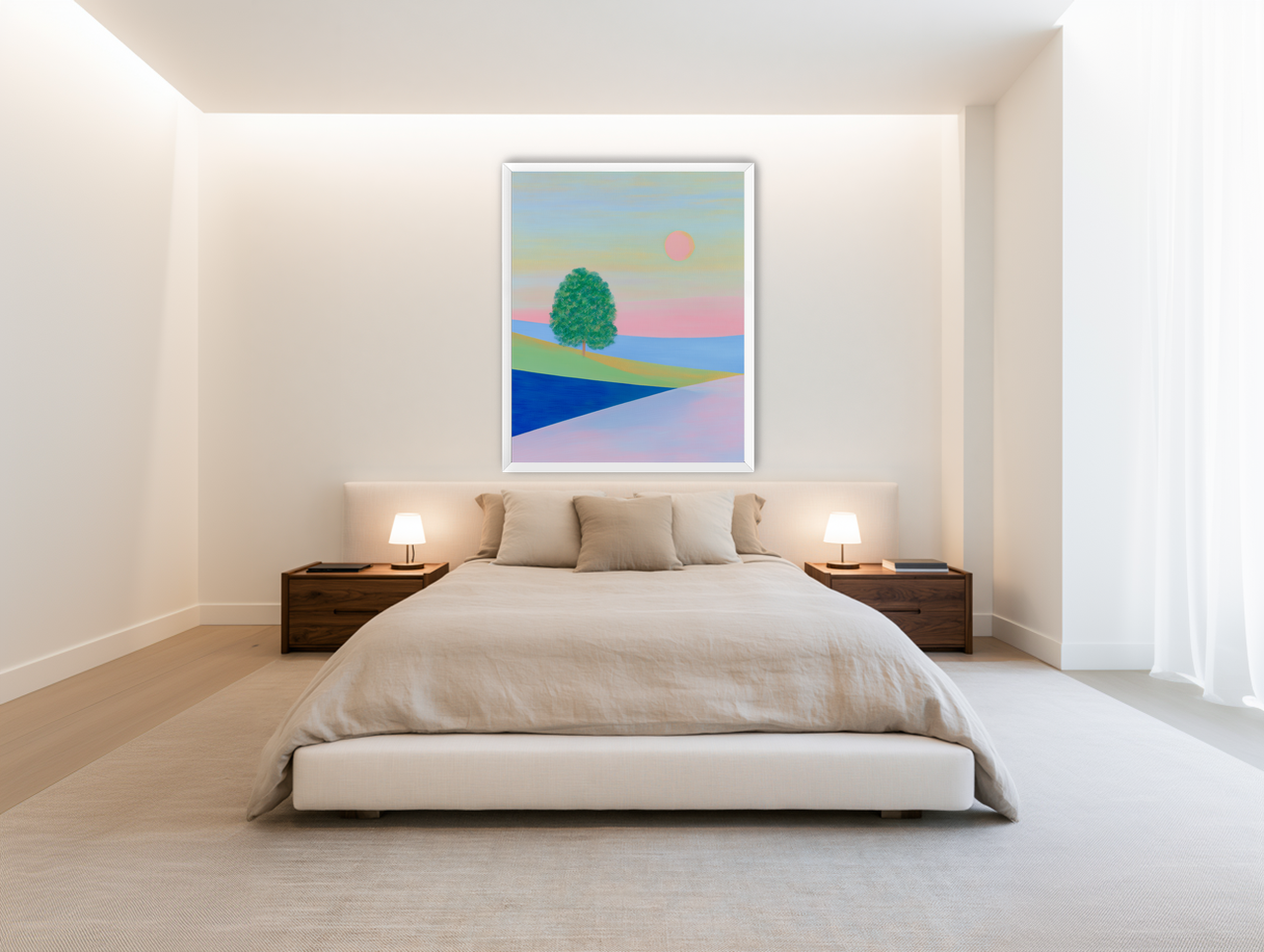 Pink sun over striped hills room view