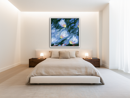 White tulips on blue ground room view