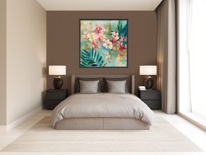 Blossoms over teal leaves room view