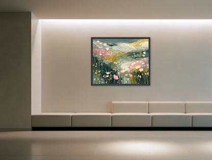 Teal sky over pink meadow room view