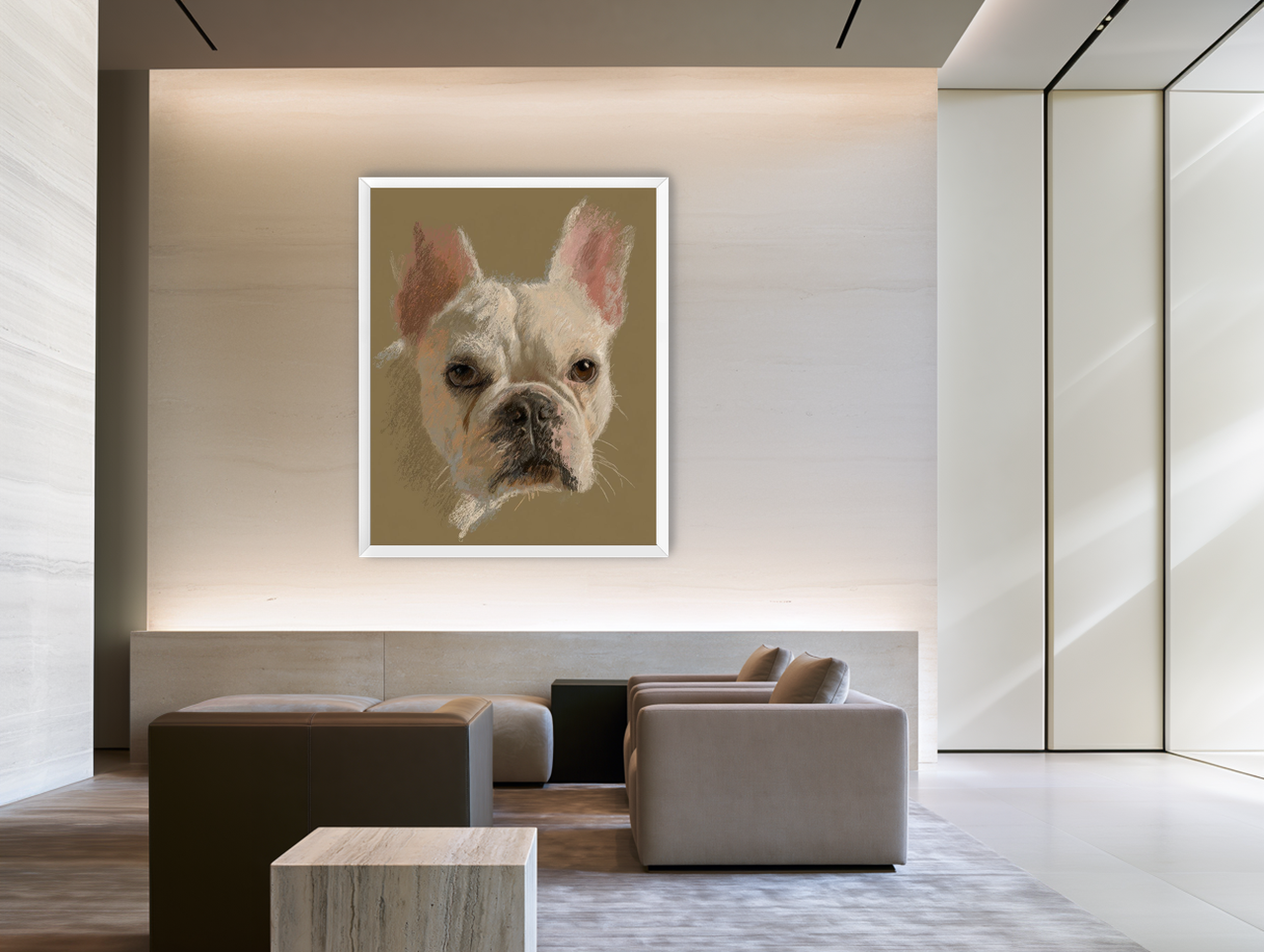 Warm browns behind white fur room view
