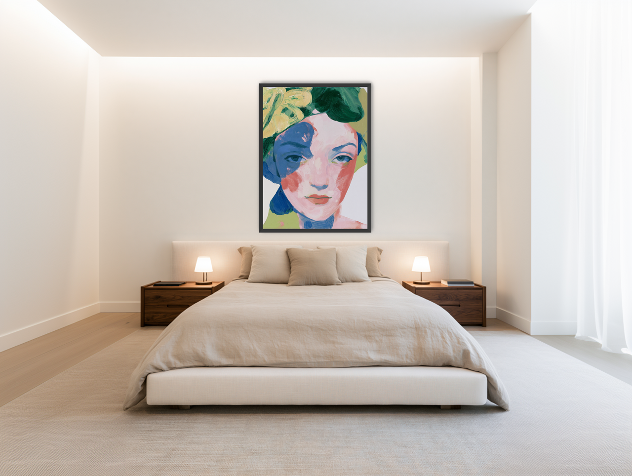 Green hair over blue shadow room view