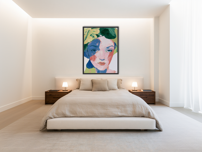 Green hair over blue shadow room view