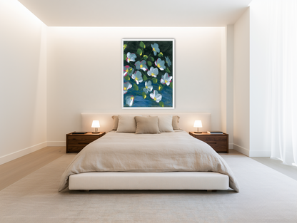 Pale blooms on black room view