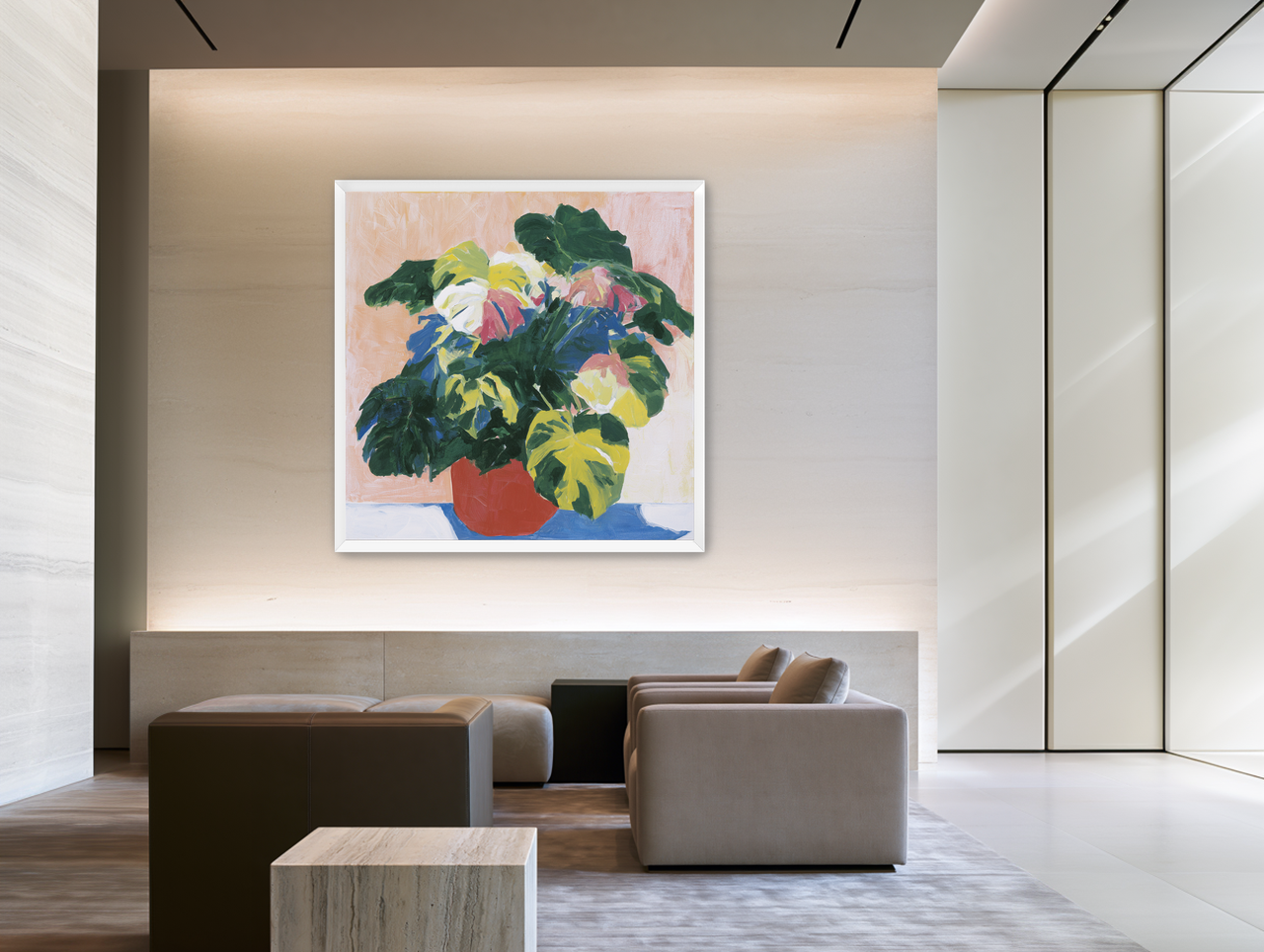 Red pot under heavy leaves room view