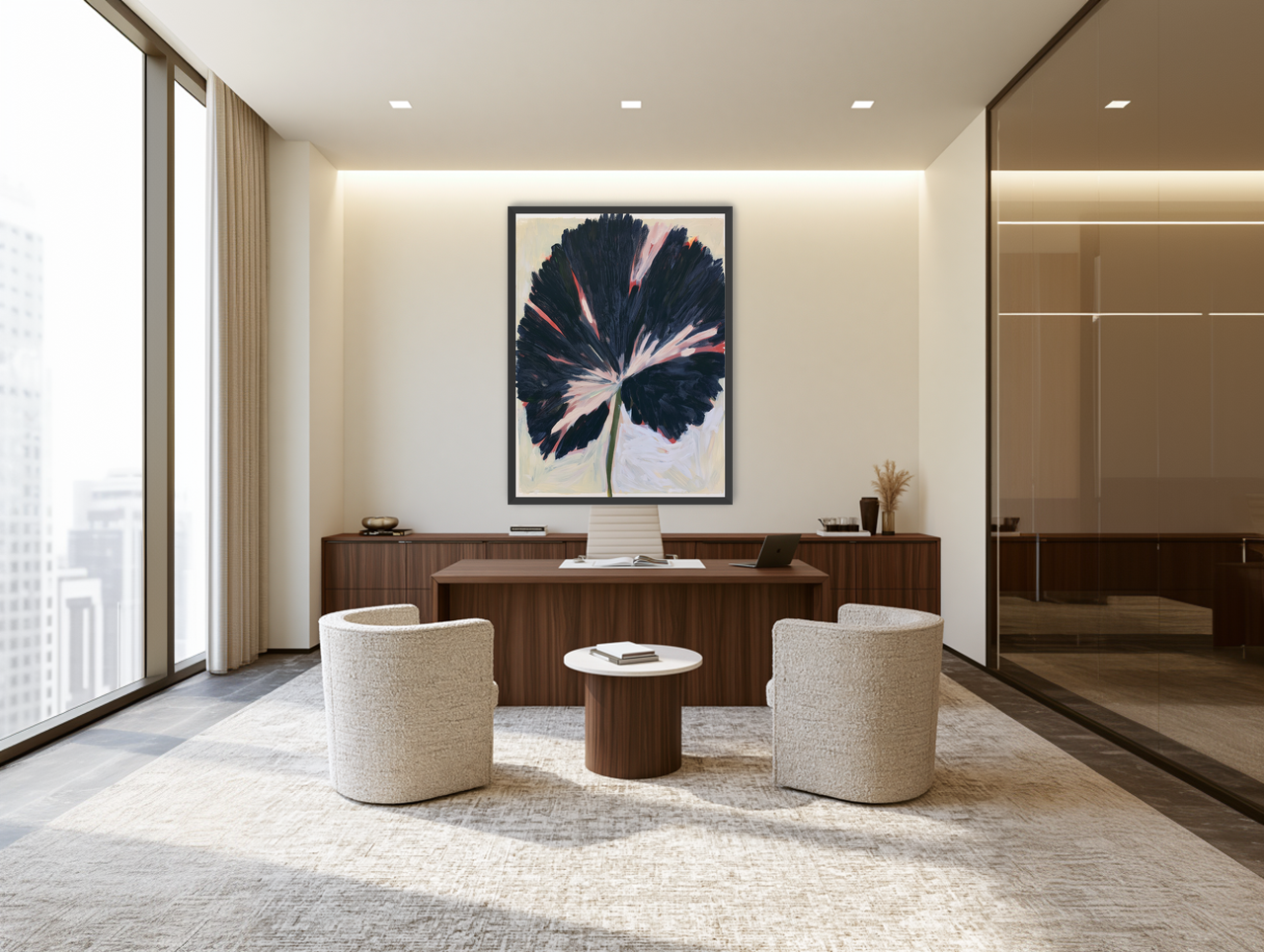 Dark petals across pale ground room view