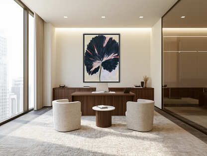 Dark petals across pale ground room view
