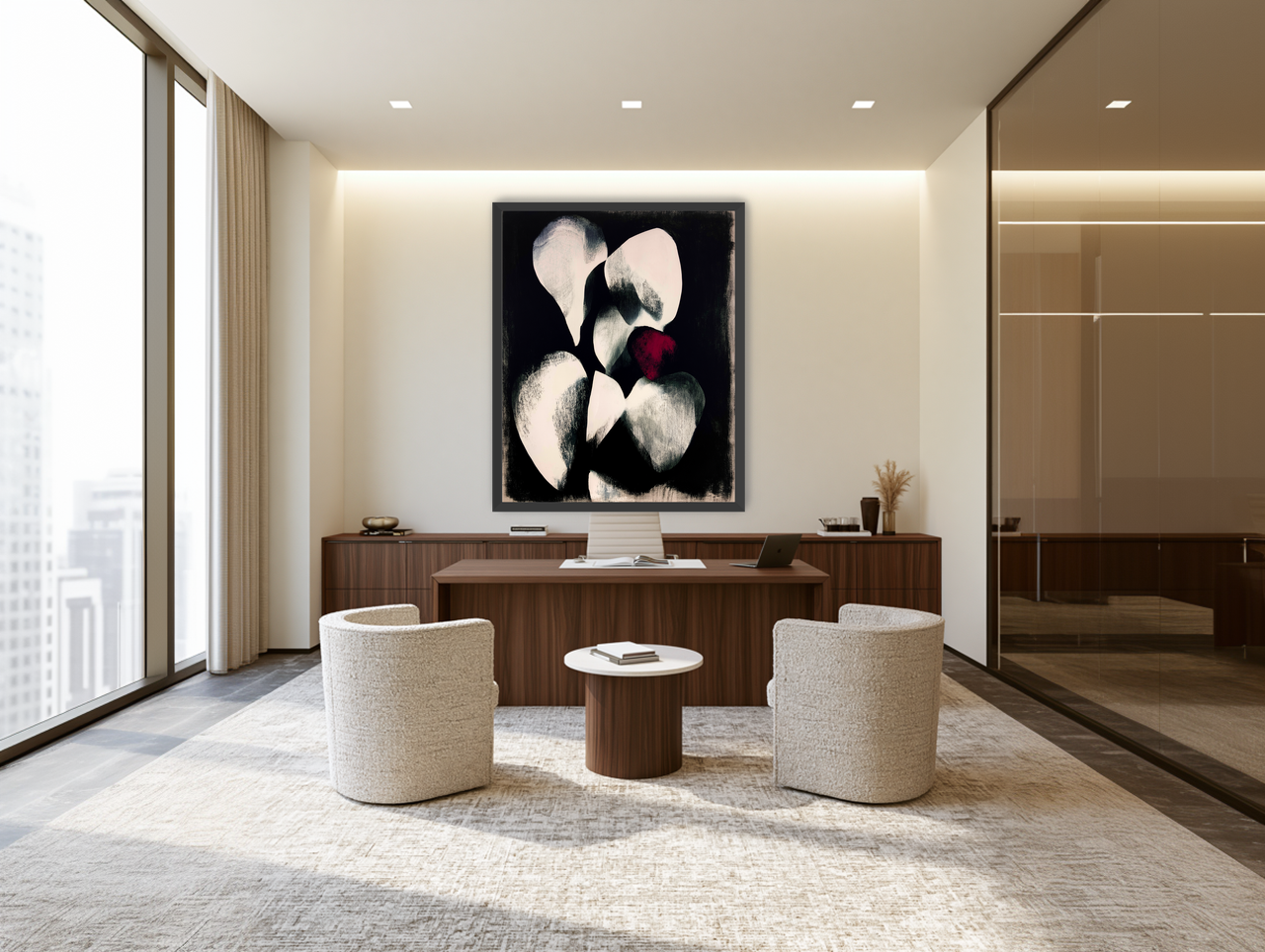 Red petal in shadowed bloom room view