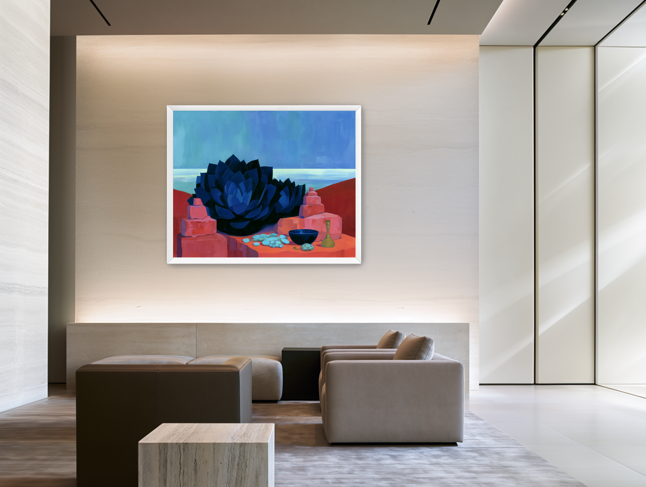 Blue flower in red light room view