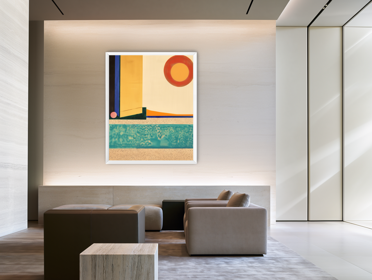Red sun over turquoise water room view