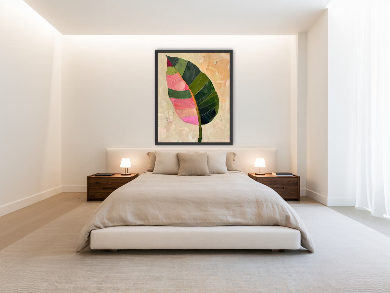 Pink light on a green leaf room view