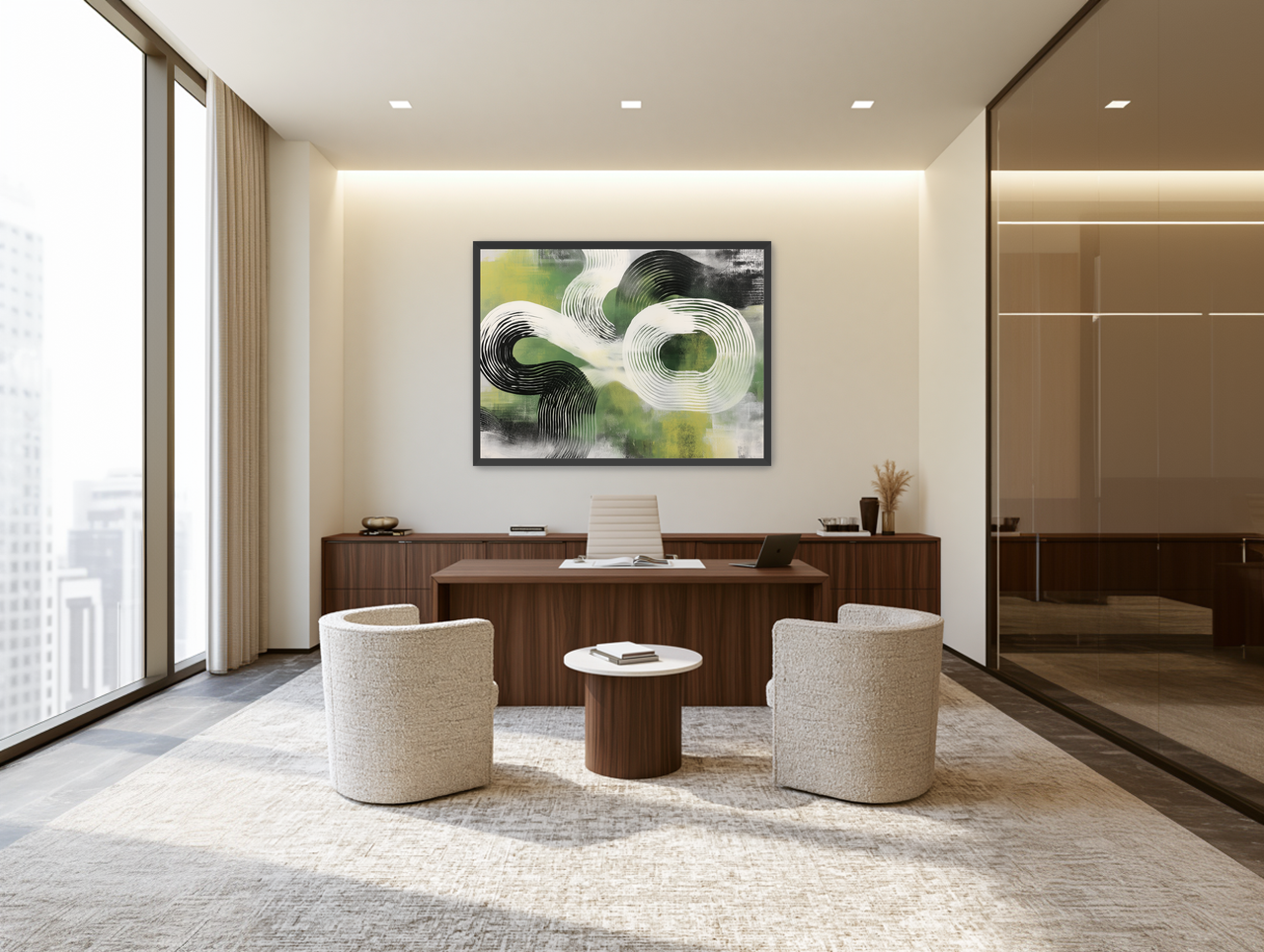 White arcs across green field room view