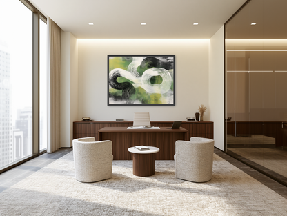 White arcs across green field room view