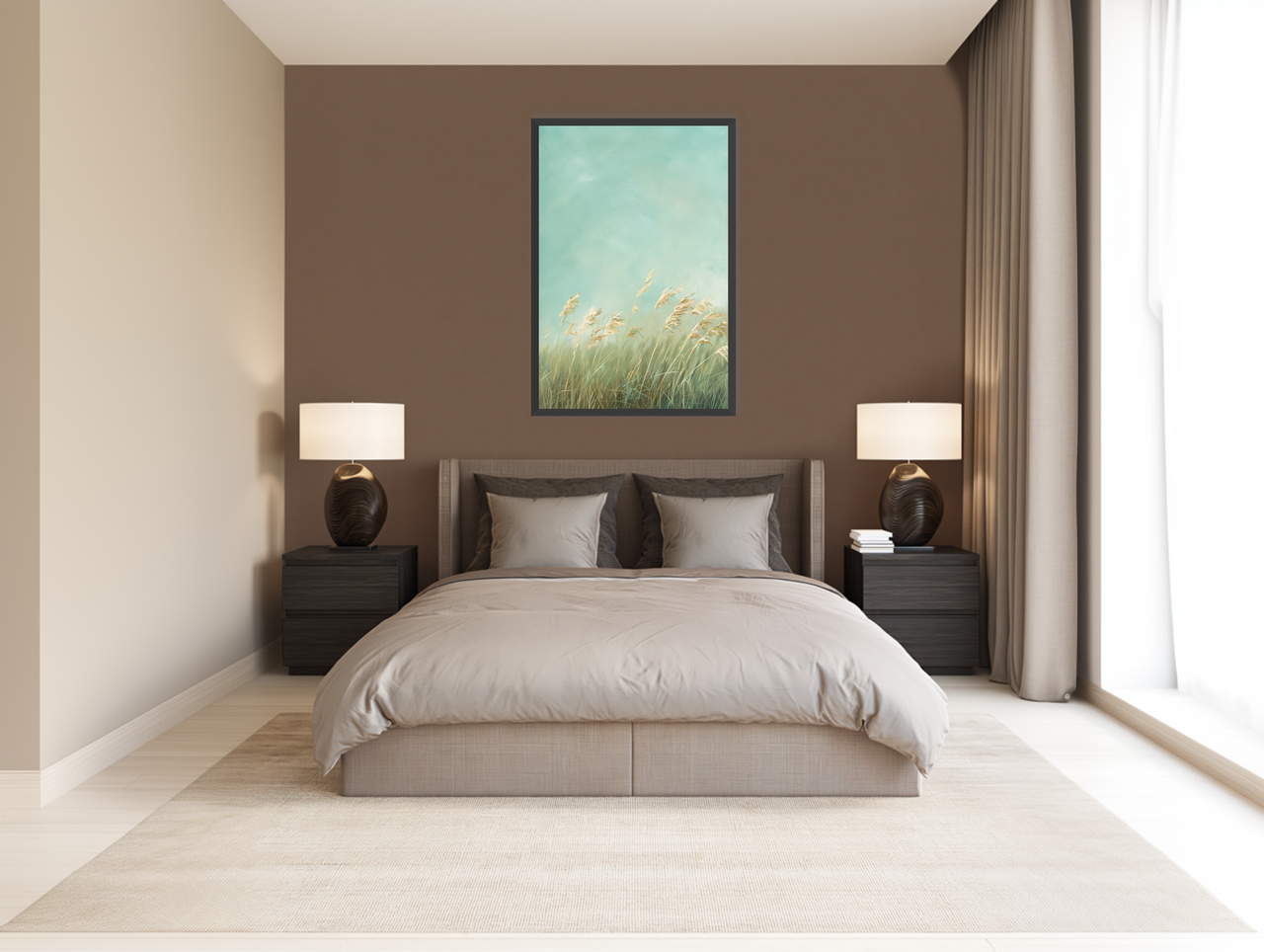 Turquoise sky over pale grass room view