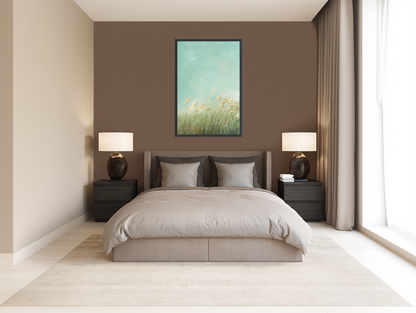 Turquoise sky over pale grass room view
