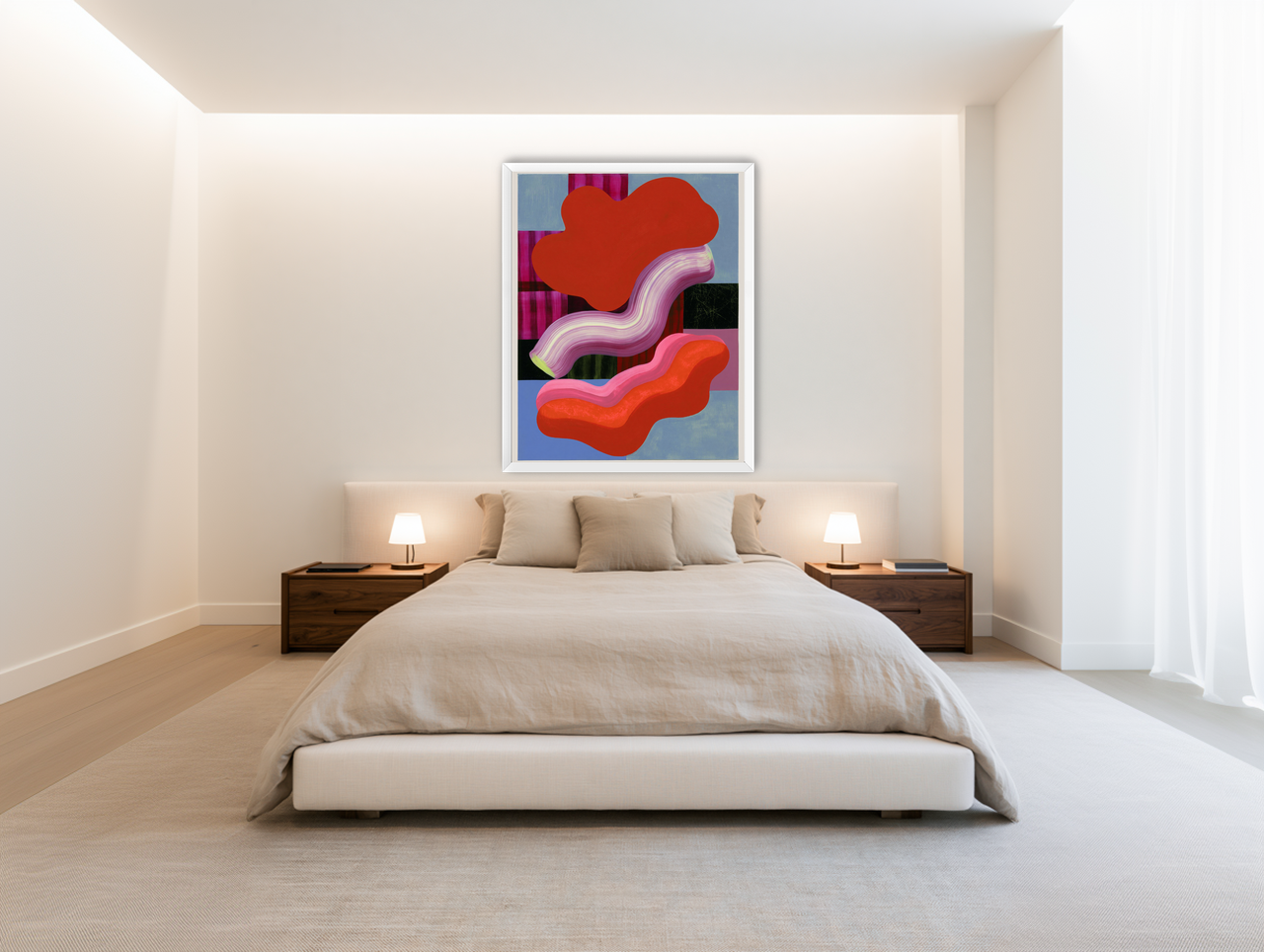 Layered red forms on grid room view