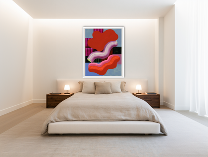Layered red forms on grid room view