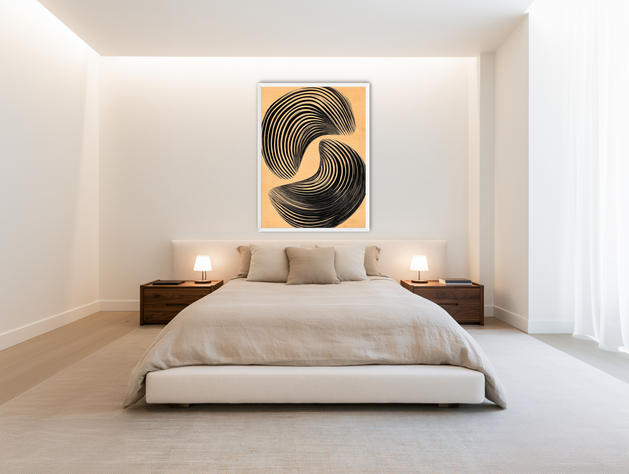 Black spiral on tan ground room view
