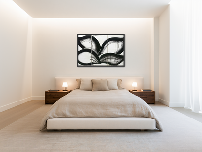 Black arcs across white panels room view
